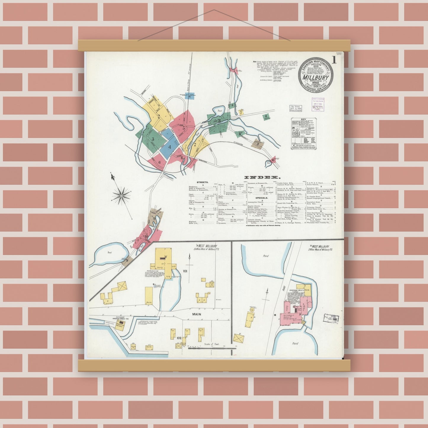 Old map wall art mockup — magnetic wood frame on brick wall — Sanborn Fire Insurance Map from Millbury, Worcester County, Massachusetts (1904) - Complete Map Set