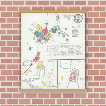 Old map wall art mockup — magnetic wood frame on brick wall — Sanborn Fire Insurance Map from Millbury, Worcester County, Massachusetts (1904) - Complete Map Set