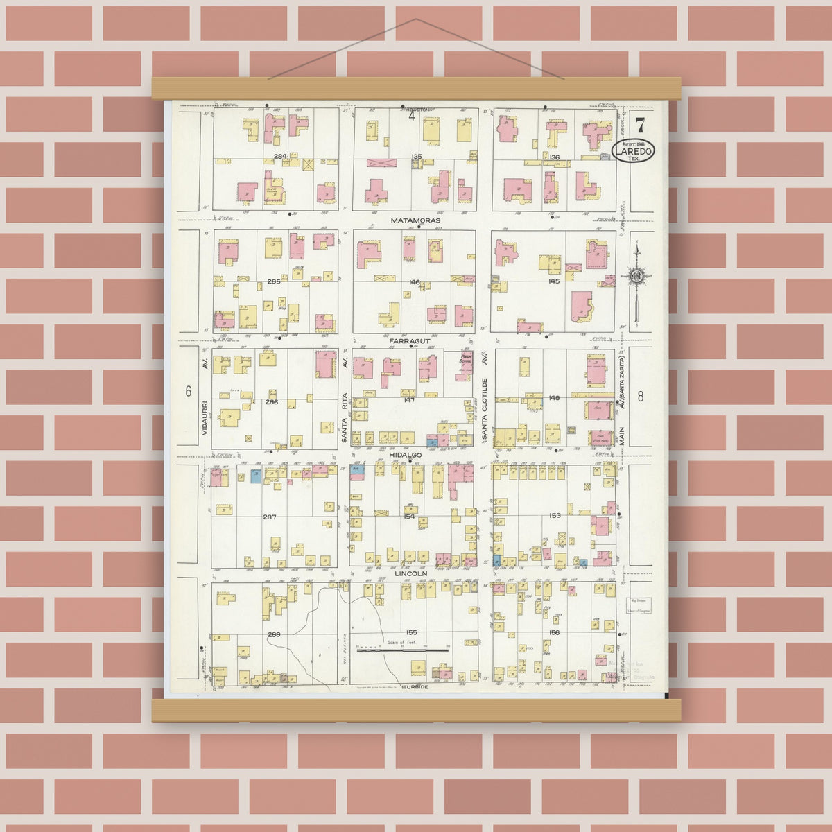Old map wall art mockup — magnetic wood frame on brick wall — Sanborn Fire Insurance Map from Laredo, Webb County, Texas (1916), Sheet #0007