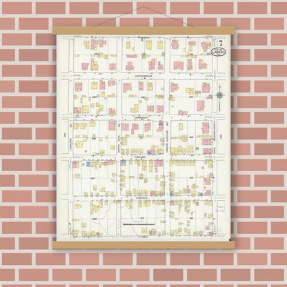 Old map wall art mockup — magnetic wood frame on brick wall — Sanborn Fire Insurance Map from Laredo, Webb County, Texas (1916), Sheet #0007