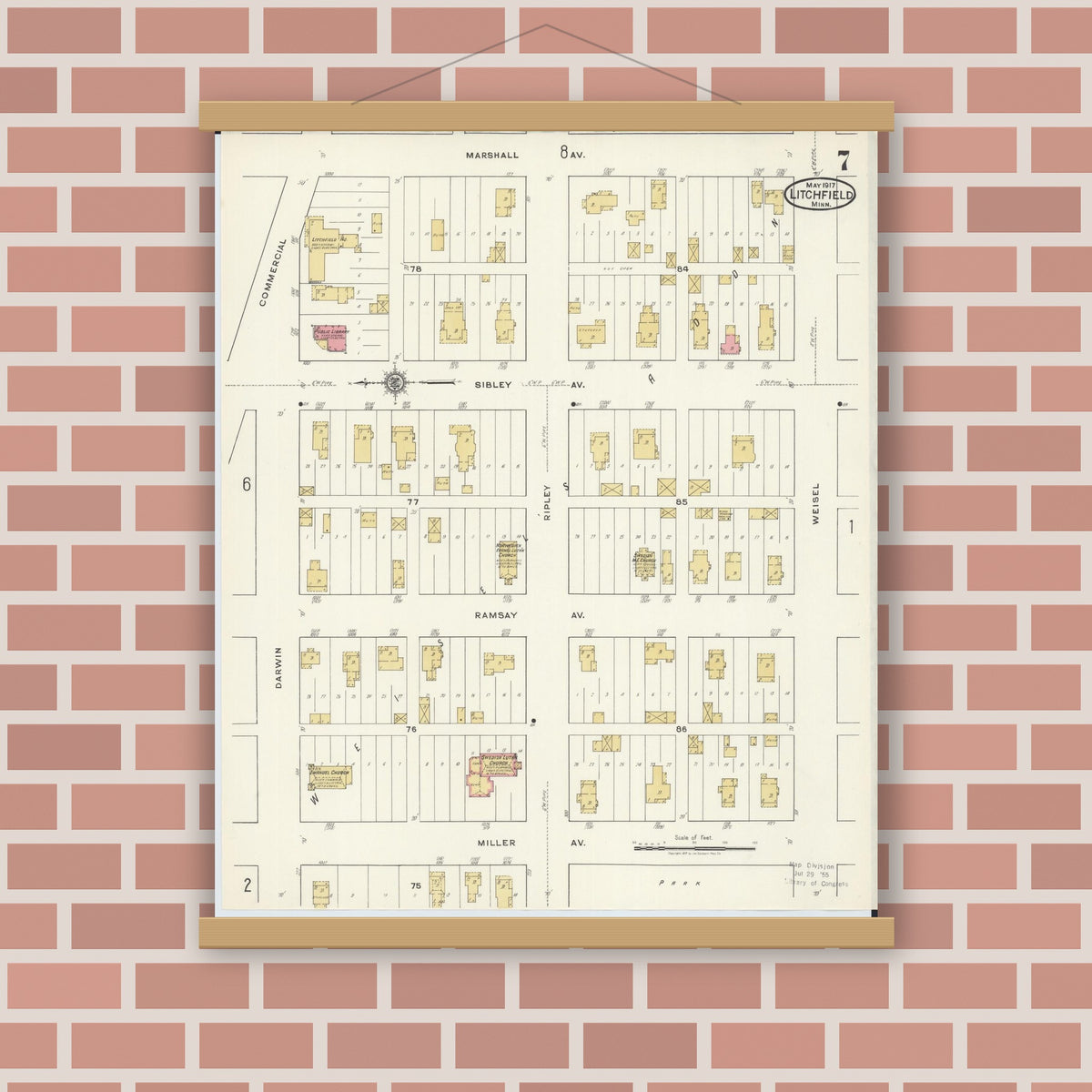 Old map wall art mockup — magnetic wood frame on brick wall — Sanborn Fire Insurance Map from Litchfield, Meeker County, Minnesota (1917), Sheet #0007