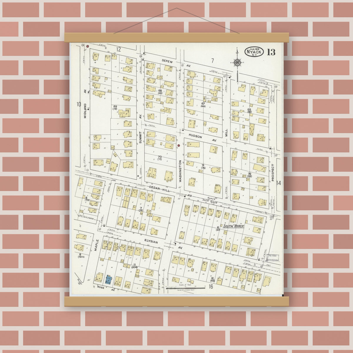 Old map wall art mockup — magnetic wood frame on brick wall — Sanborn Fire Insurance Map from Nyack, Rockland County, New York (1919), Sheet #0013
