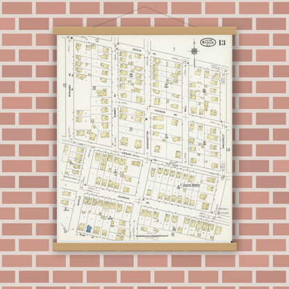 Old map wall art mockup — magnetic wood frame on brick wall — Sanborn Fire Insurance Map from Nyack, Rockland County, New York (1919), Sheet #0013