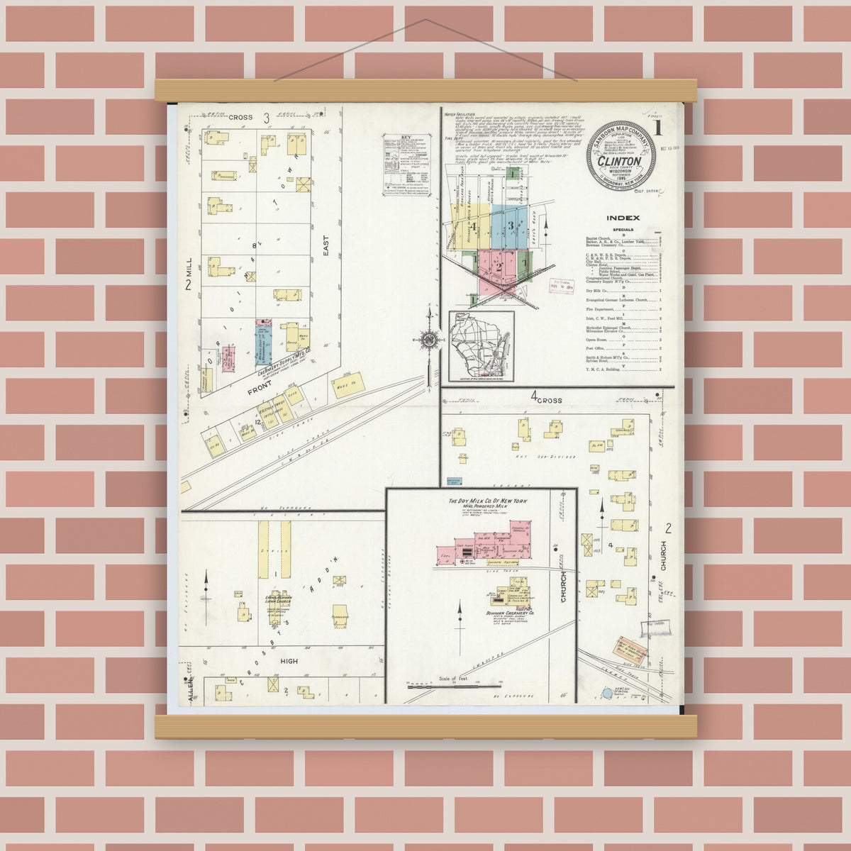 Old map wall art mockup — magnetic wood frame on brick wall — Sanborn Fire Insurance Map from Clinton, Rock County, Wisconsin (1914) - Complete Map Set