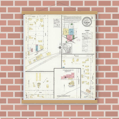 Old map wall art mockup — magnetic wood frame on brick wall — Sanborn Fire Insurance Map from Clinton, Rock County, Wisconsin (1914) - Complete Map Set
