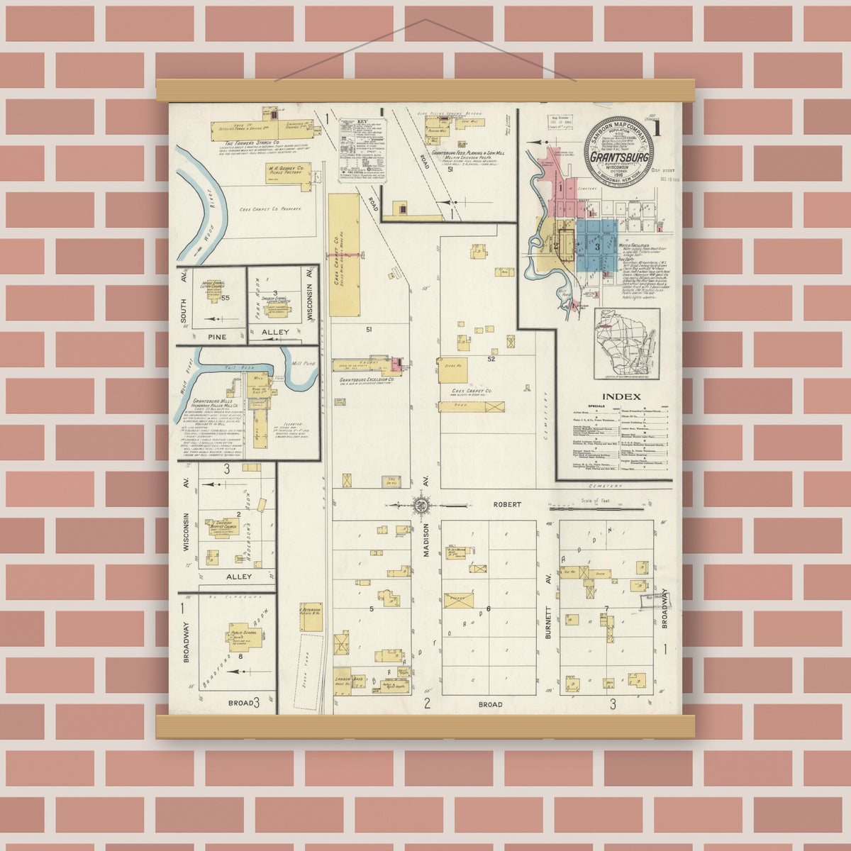 Old map wall art mockup — magnetic wood frame on brick wall — Sanborn Fire Insurance Map from Grantsburg, Burnett County, Wisconsin (1916), Sheet #0001