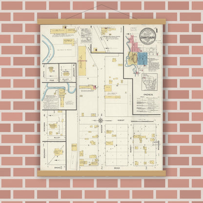 Old map wall art mockup — magnetic wood frame on brick wall — Sanborn Fire Insurance Map from Grantsburg, Burnett County, Wisconsin (1916), Sheet #0001