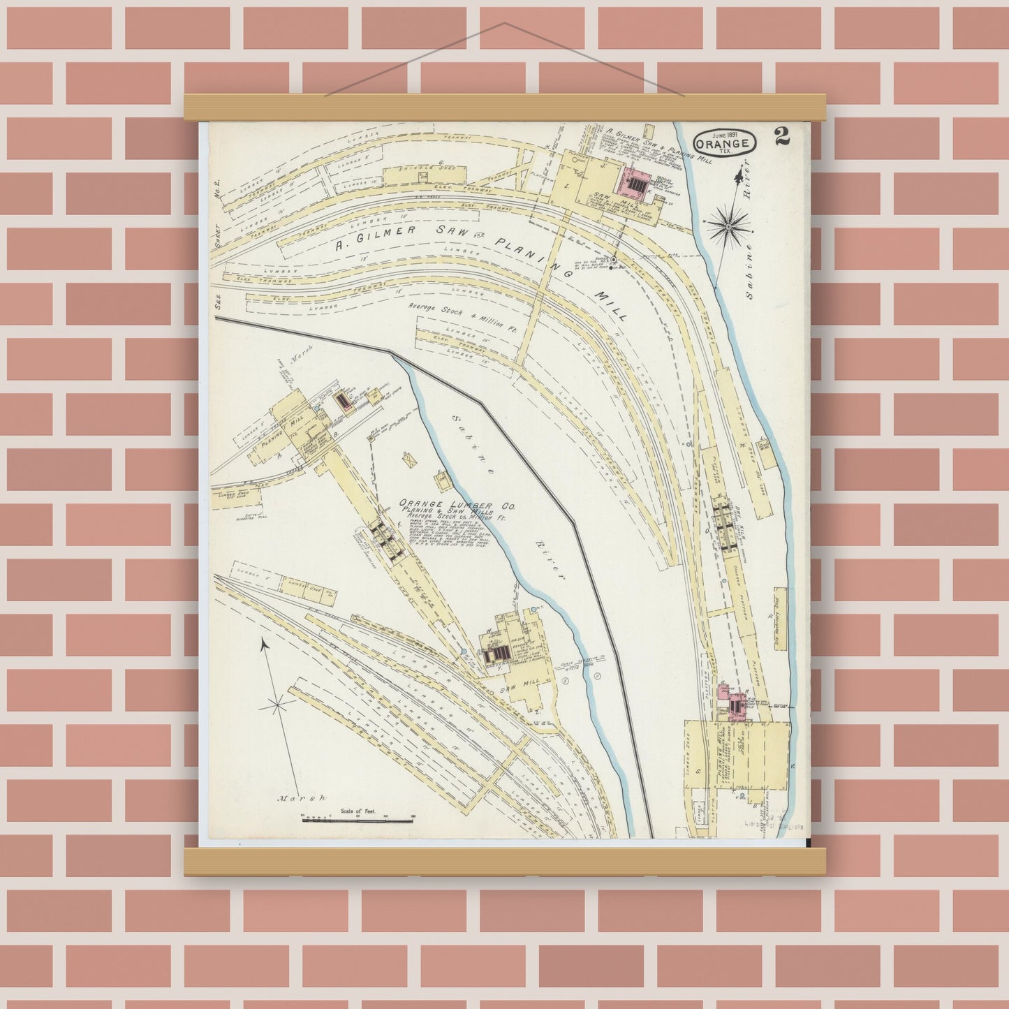 Old map wall art mockup — magnetic wood frame on brick wall — Sanborn Fire Insurance Map from Orange, Orange County, Texas (1891), Sheet #0002