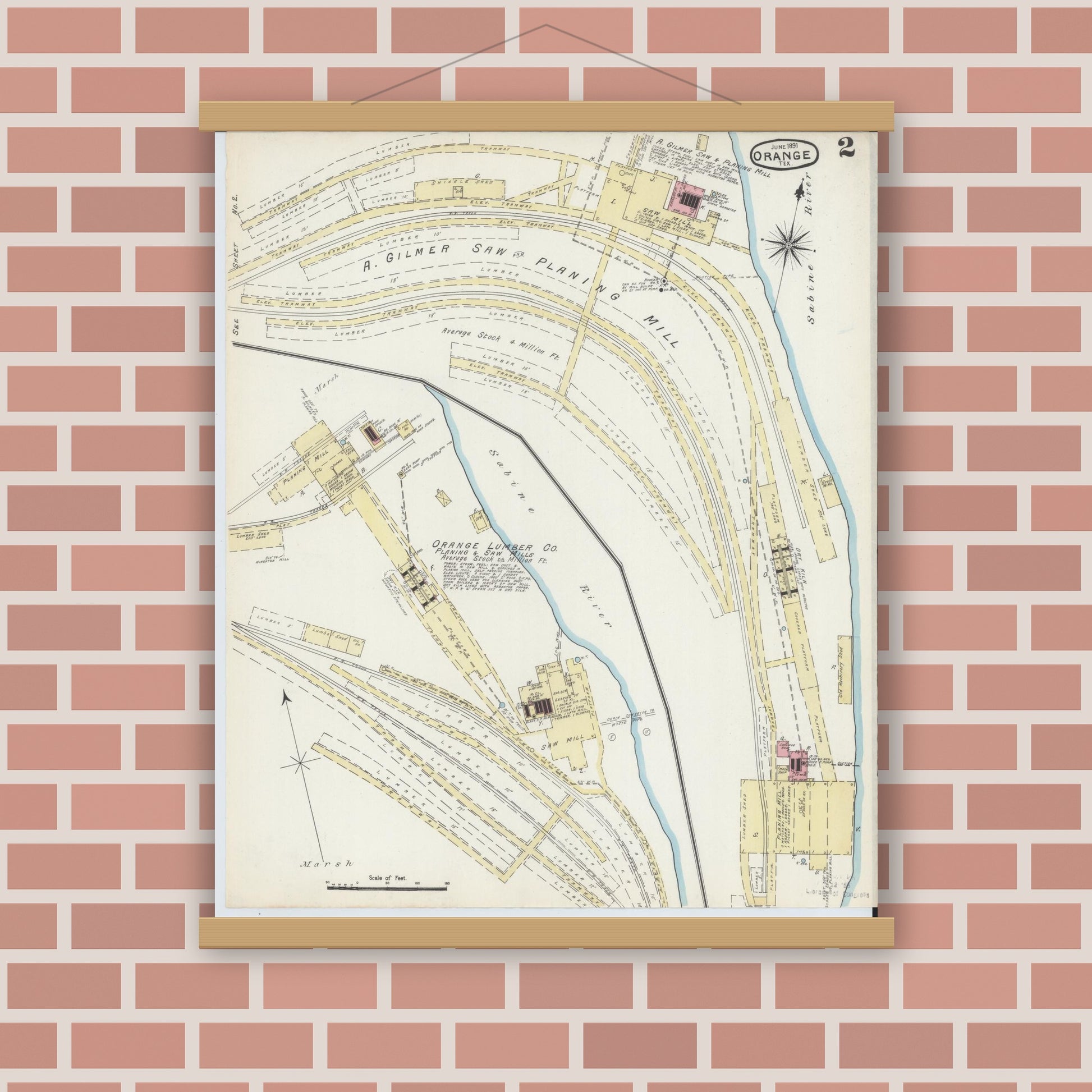 Old map wall art mockup — magnetic wood frame on brick wall — Sanborn Fire Insurance Map from Orange, Orange County, Texas (1891), Sheet #0002