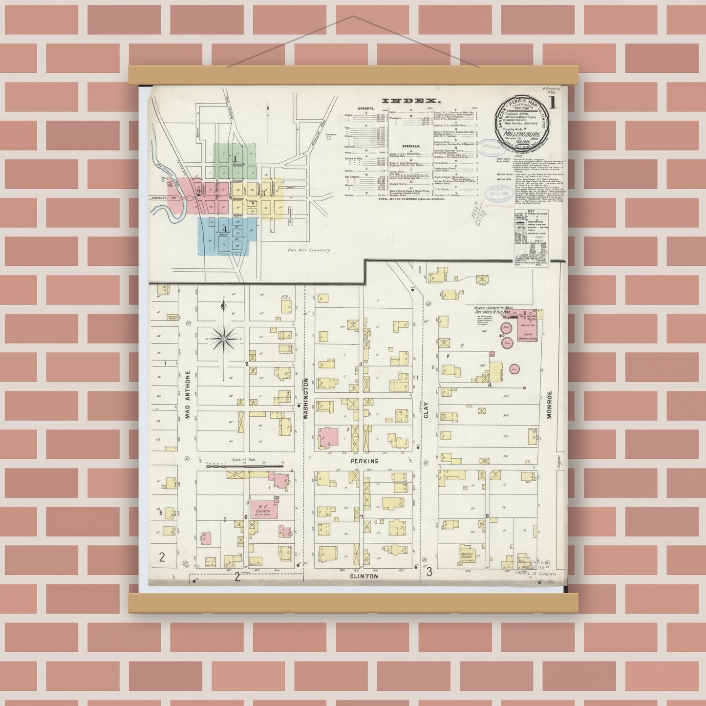 Old map wall art mockup — magnetic wood frame on brick wall — Sanborn Fire Insurance Map from Millersburg, Holmes County, Ohio (1898) - Complete Map Set