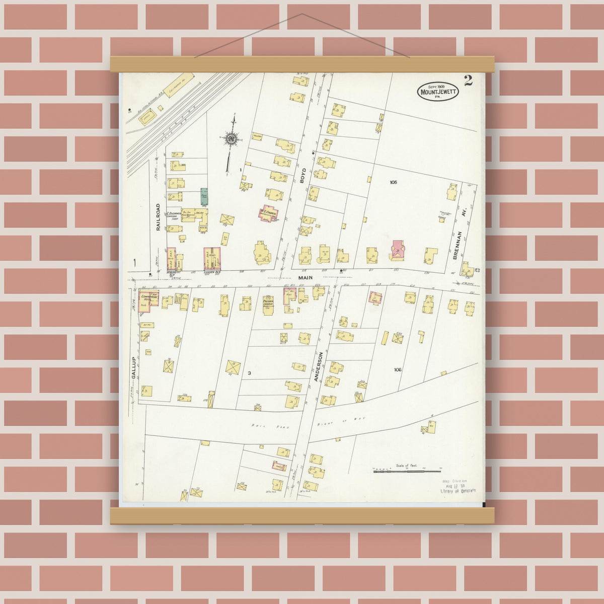 Old map wall art mockup — magnetic wood frame on brick wall — Sanborn Fire Insurance Map from Mount Jewett, McKean County, Pennsylvania (1909), Sheet #0002