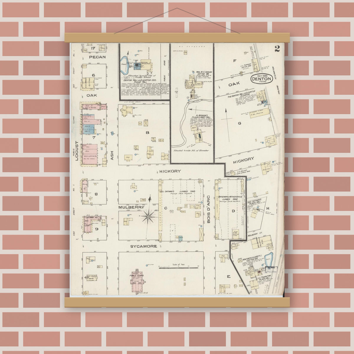 Old map wall art mockup — magnetic wood frame on brick wall — Sanborn Fire Insurance Map from Denton, Denton County, Texas (1885), Sheet #0002