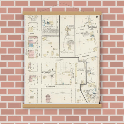 Old map wall art mockup — magnetic wood frame on brick wall — Sanborn Fire Insurance Map from Denton, Denton County, Texas (1885), Sheet #0002