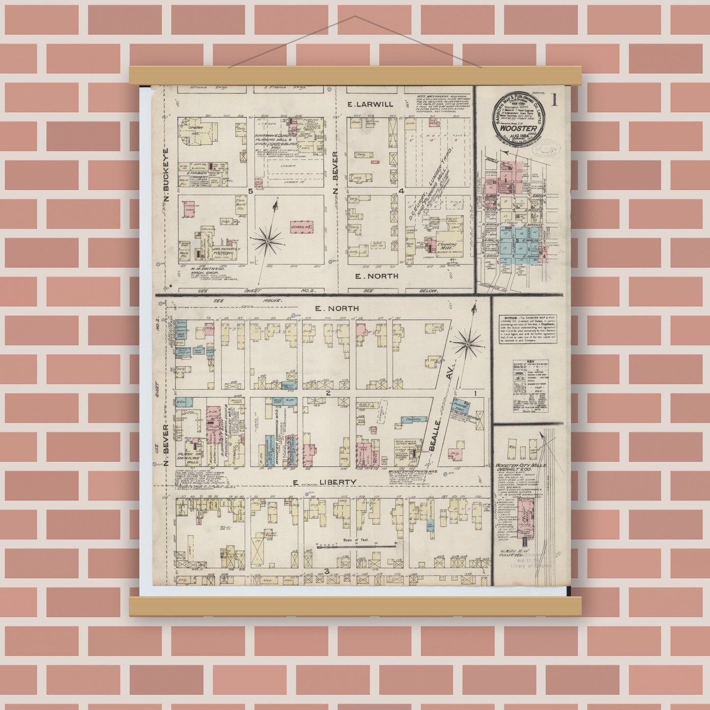 Old map wall art mockup — magnetic wood frame on brick wall — Sanborn Fire Insurance Map from Wooster, Wayne County, Ohio (1884), Sheet #0001