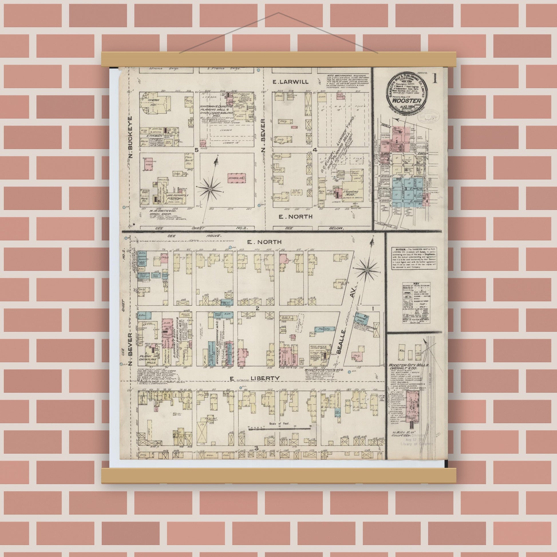 Old map wall art mockup — magnetic wood frame on brick wall — Sanborn Fire Insurance Map from Wooster, Wayne County, Ohio (1884), Sheet #0001