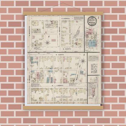 Old map wall art mockup — magnetic wood frame on brick wall — Sanborn Fire Insurance Map from Wooster, Wayne County, Ohio (1884), Sheet #0001