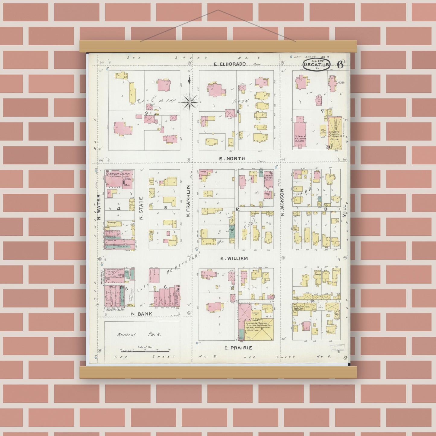 Old map wall art mockup — magnetic wood frame on brick wall — Sanborn Fire Insurance Map from Decatur, Macon County, Illinois (1892), Sheet #0006