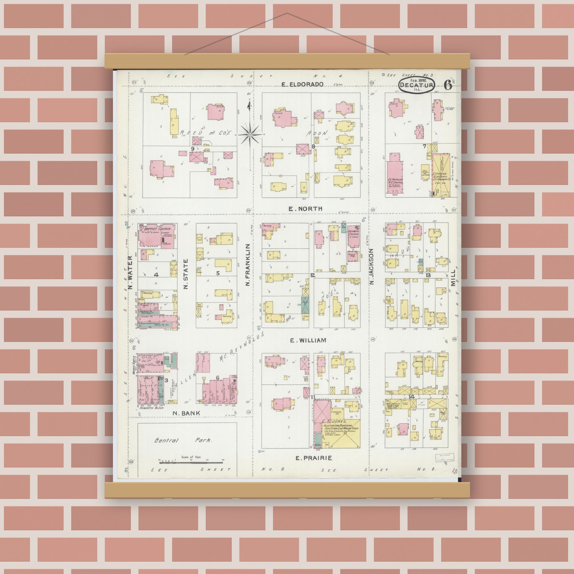 Old map wall art mockup — magnetic wood frame on brick wall — Sanborn Fire Insurance Map from Decatur, Macon County, Illinois (1892), Sheet #0006