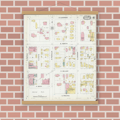 Old map wall art mockup — magnetic wood frame on brick wall — Sanborn Fire Insurance Map from Decatur, Macon County, Illinois (1892), Sheet #0006