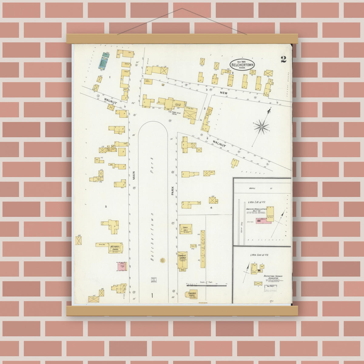 Old map wall art mockup — magnetic wood frame on brick wall — Sanborn Fire Insurance Map from Belchertown, Hampshire County, Massachusetts (1905), Sheet #0002