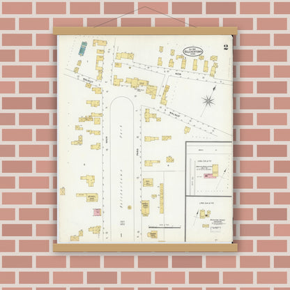 Old map wall art mockup — magnetic wood frame on brick wall — Sanborn Fire Insurance Map from Belchertown, Hampshire County, Massachusetts (1905), Sheet #0002