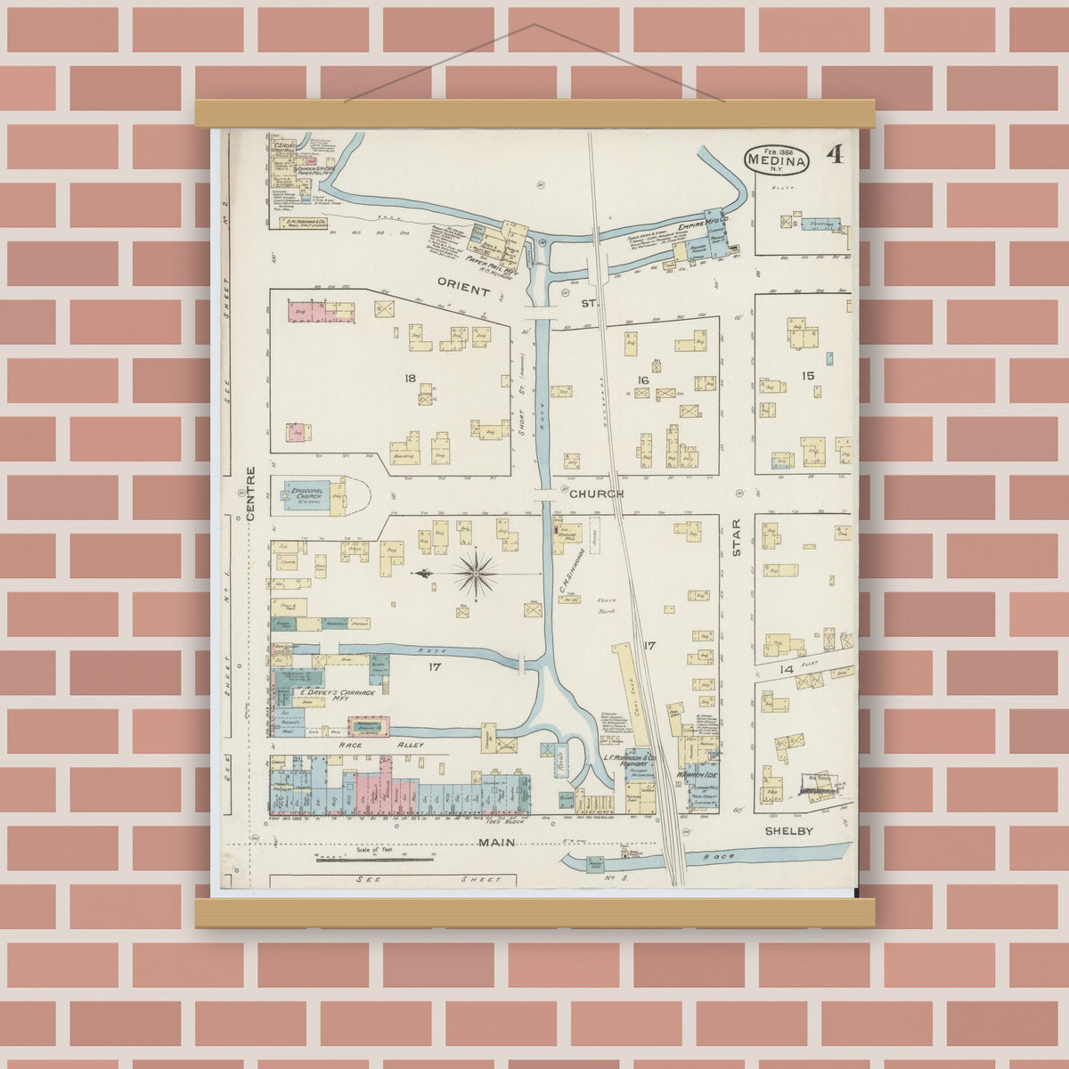 Old map wall art mockup — magnetic wood frame on brick wall — Sanborn Fire Insurance Map from Medina, Orleans County, New York (1886), Sheet #0004