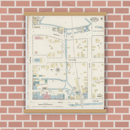 Old map wall art mockup — magnetic wood frame on brick wall — Sanborn Fire Insurance Map from Medina, Orleans County, New York (1886), Sheet #0004