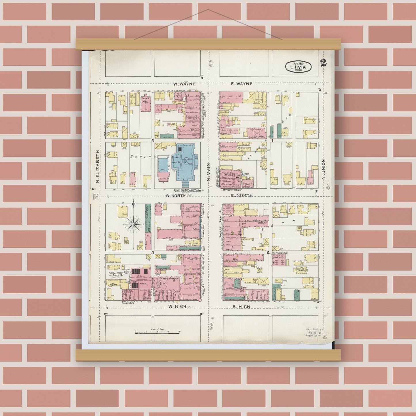 Old map wall art mockup — magnetic wood frame on brick wall — Sanborn Fire Insurance Map from Lima, Allen County, Ohio (1893), Sheet #0002