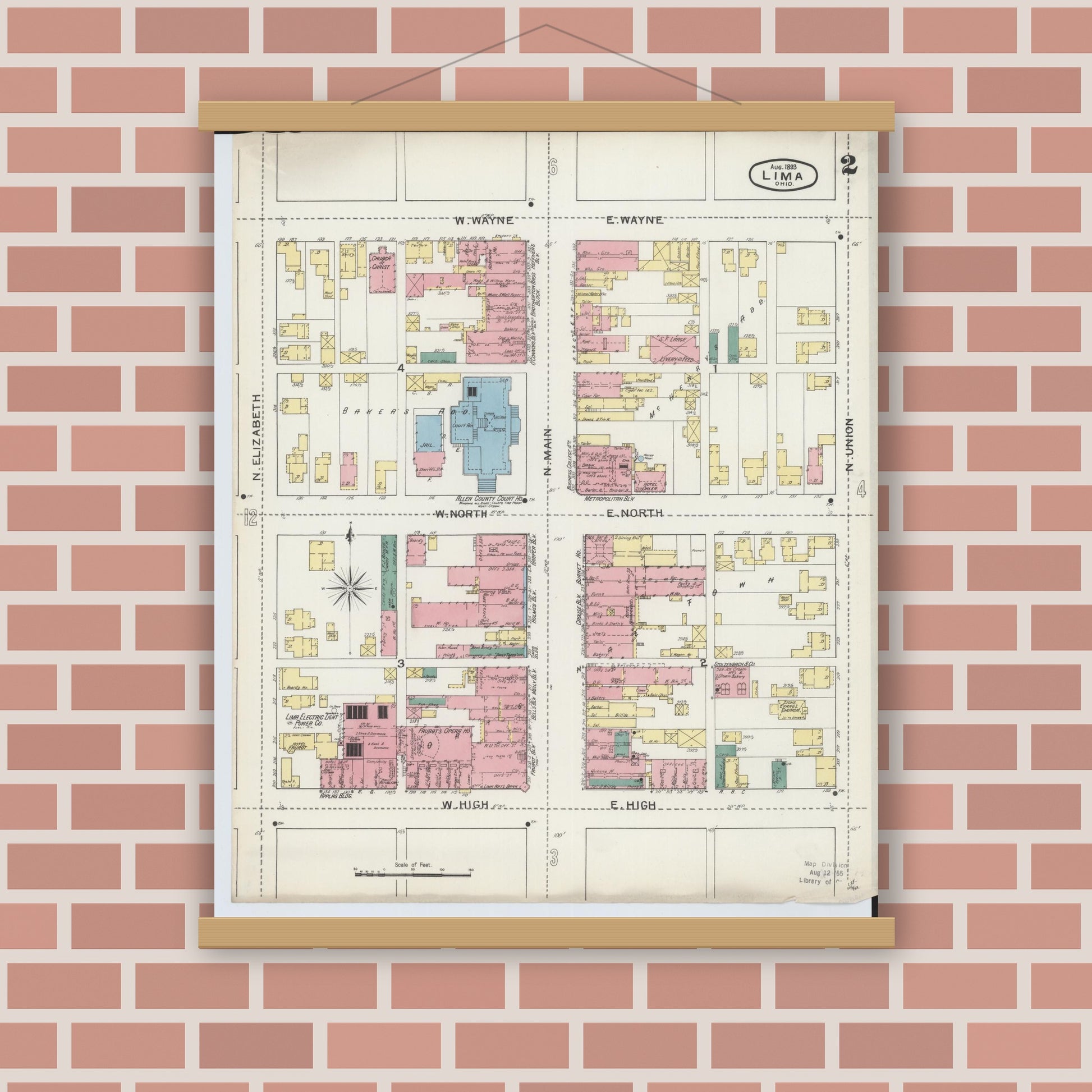 Old map wall art mockup — magnetic wood frame on brick wall — Sanborn Fire Insurance Map from Lima, Allen County, Ohio (1893), Sheet #0002