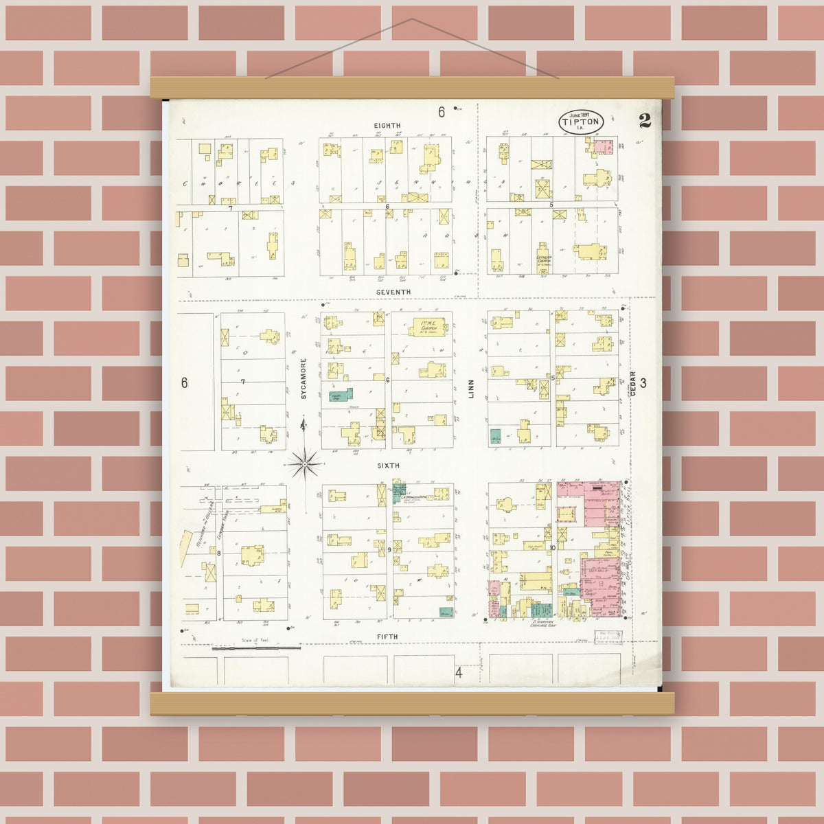 Old map wall art mockup — magnetic wood frame on brick wall — Sanborn Fire Insurance Map from Tipton, Cedar County, Iowa (1897), Sheet #0002