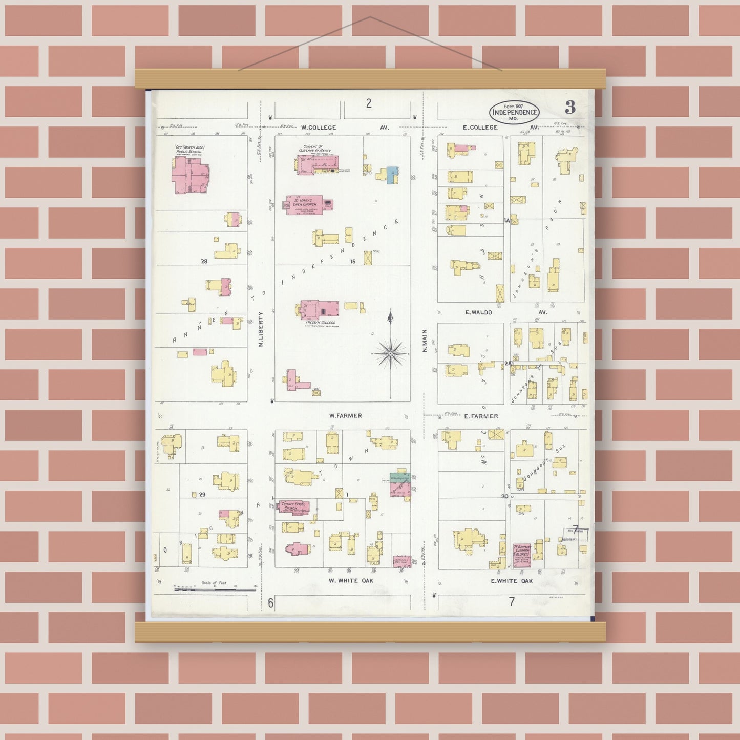 Old map wall art mockup — magnetic wood frame on brick wall — Sanborn Fire Insurance Map from Independence, Jackson County, Missouri (1907), Sheet #0003