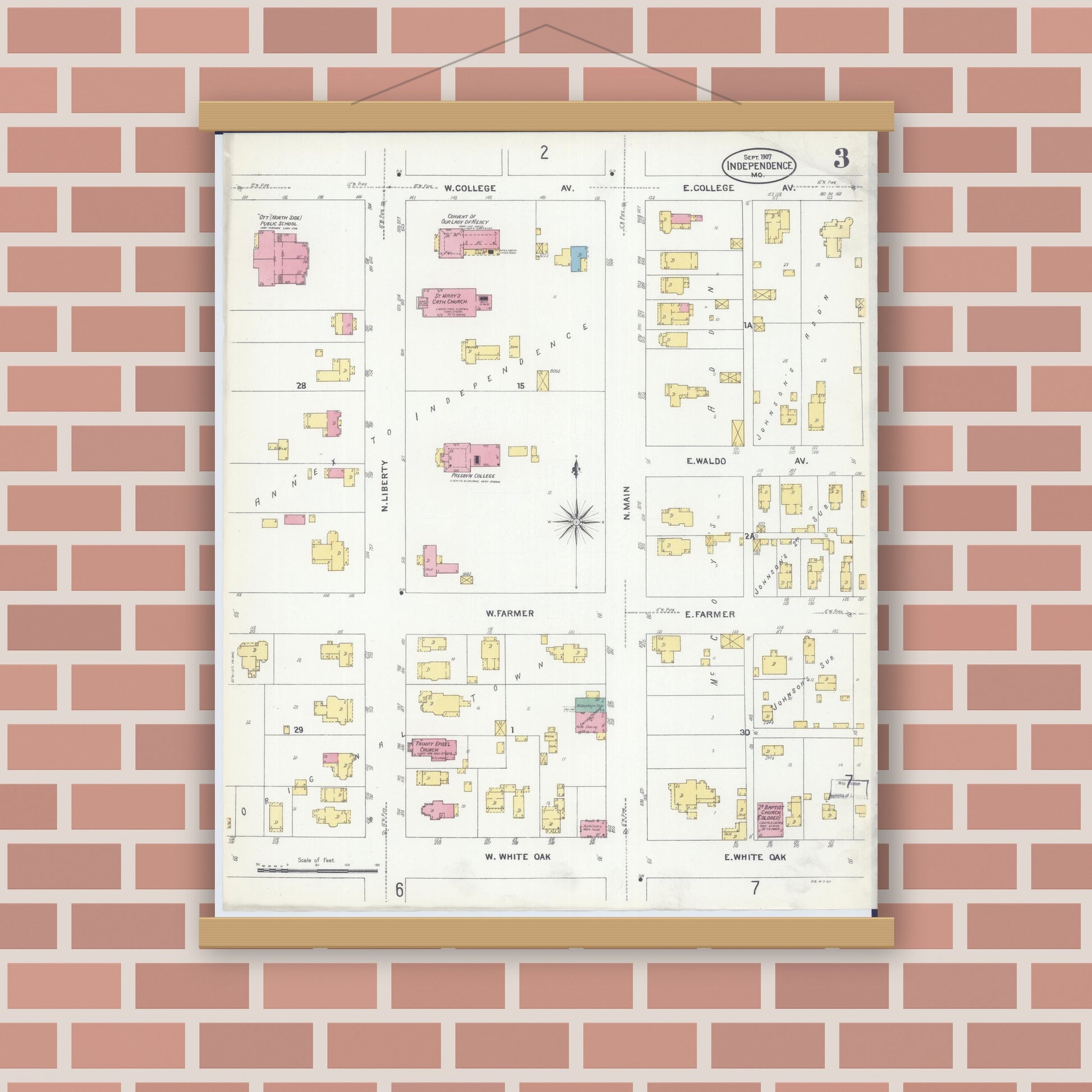 Old map wall art mockup — magnetic wood frame on brick wall — Sanborn Fire Insurance Map from Independence, Jackson County, Missouri (1907), Sheet #0003