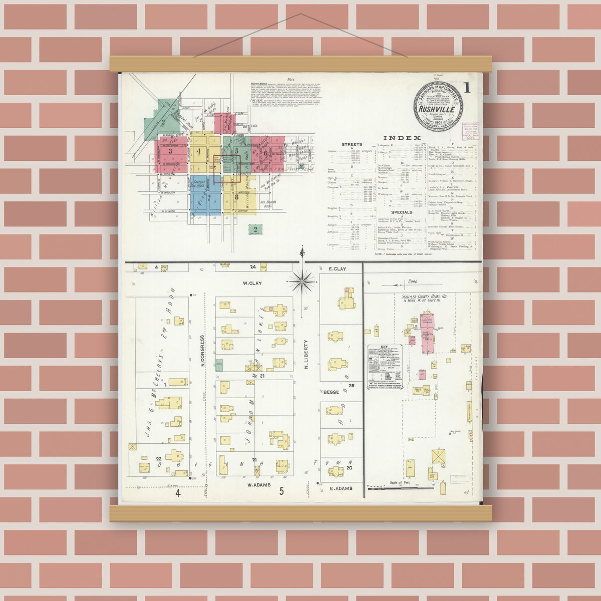 Old map wall art mockup — magnetic wood frame on brick wall — Sanborn Fire Insurance Map from Rushville, Schuyler County, Illinois (1906) - Complete Map Set