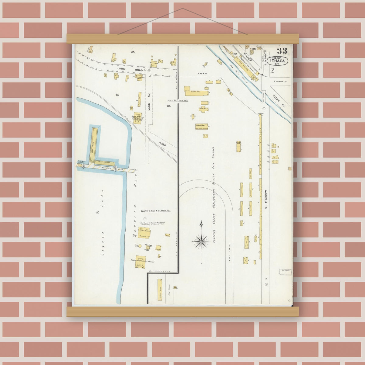 Old map wall art mockup — magnetic wood frame on brick wall — Sanborn Fire Insurance Map from Ithaca, Tompkins County, New York (1904), Sheet #0033