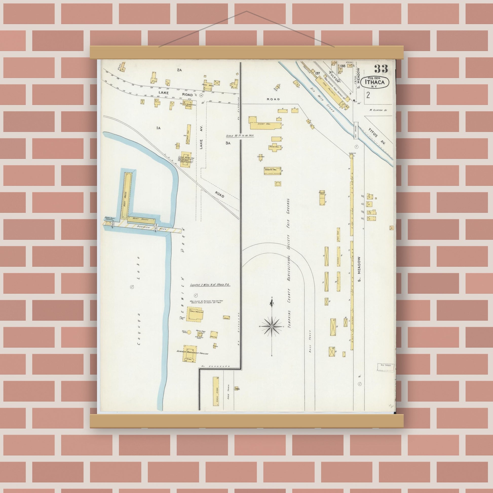 Old map wall art mockup — magnetic wood frame on brick wall — Sanborn Fire Insurance Map from Ithaca, Tompkins County, New York (1904), Sheet #0033