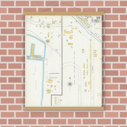 Old map wall art mockup — magnetic wood frame on brick wall — Sanborn Fire Insurance Map from Ithaca, Tompkins County, New York (1904), Sheet #0033