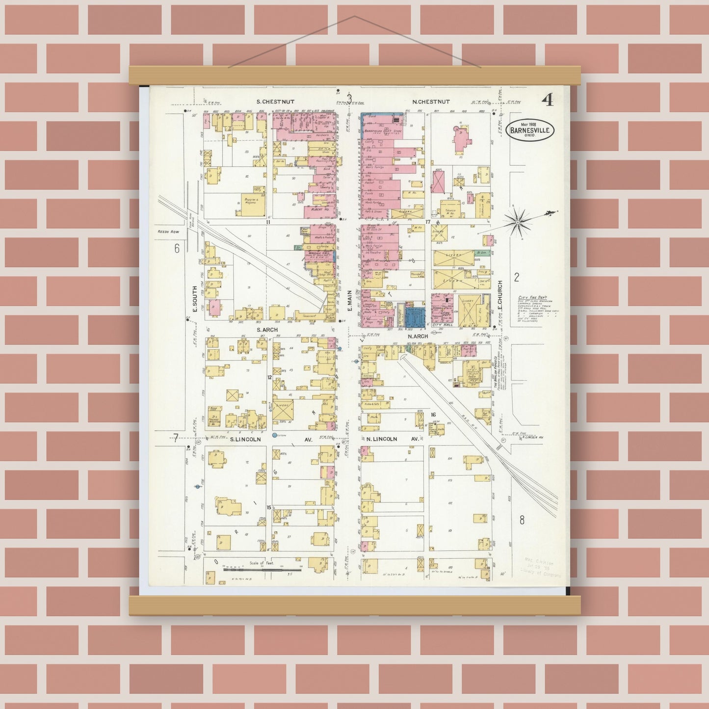 Old map wall art mockup — magnetic wood frame on brick wall — Sanborn Fire Insurance Map from Barnesville, Belmont County, Ohio (1908), Sheet #0004