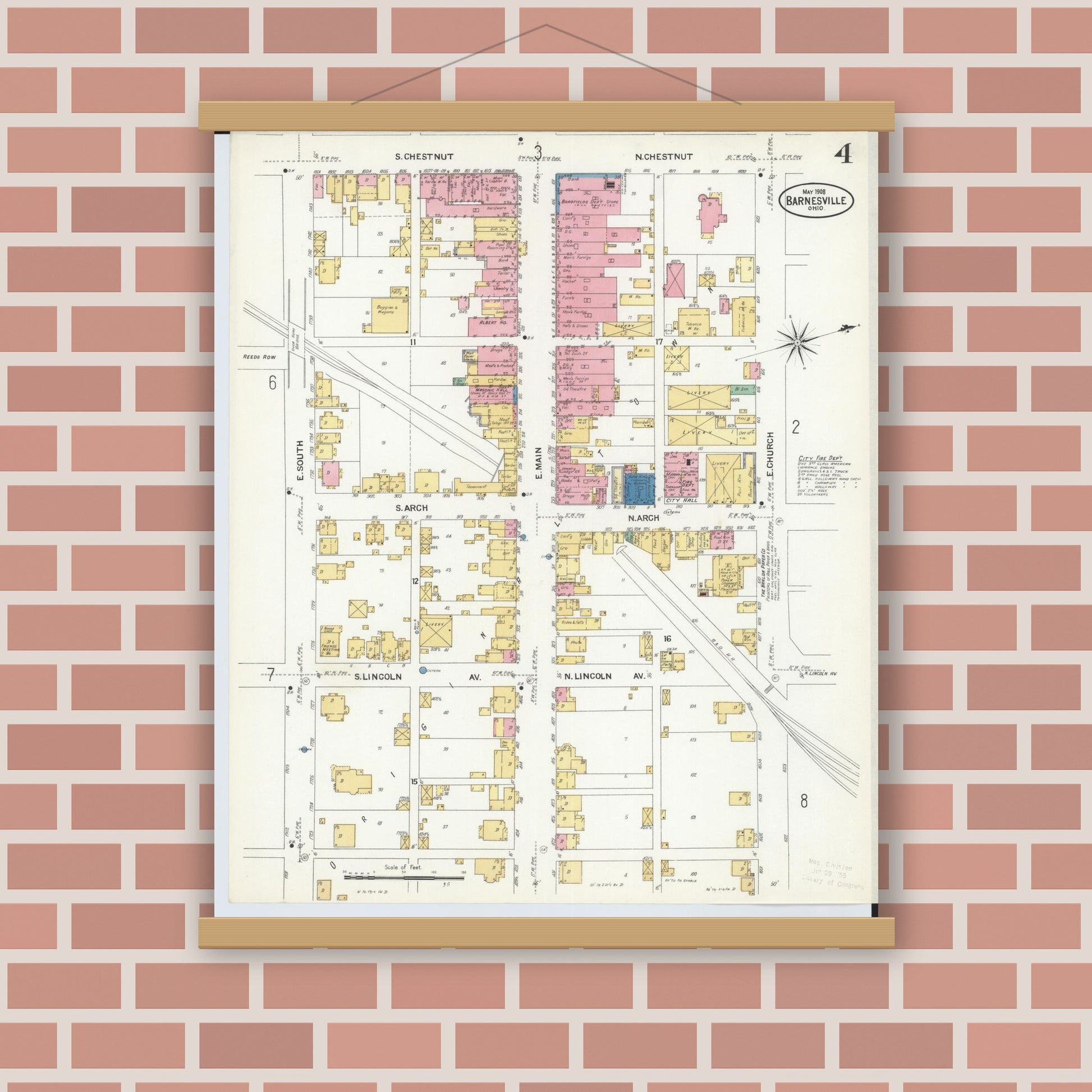 Old map wall art mockup — magnetic wood frame on brick wall — Sanborn Fire Insurance Map from Barnesville, Belmont County, Ohio (1908), Sheet #0004