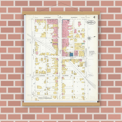 Old map wall art mockup — magnetic wood frame on brick wall — Sanborn Fire Insurance Map from Barnesville, Belmont County, Ohio (1908), Sheet #0004