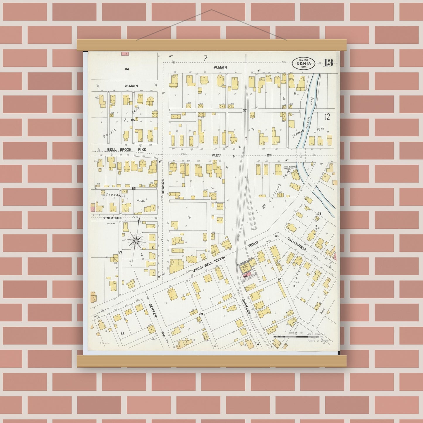 Old map wall art mockup — magnetic wood frame on brick wall — Sanborn Fire Insurance Map from Xenia, Greene County, Ohio (1901), Sheet #0013