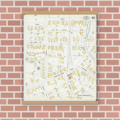 Old map wall art mockup — magnetic wood frame on brick wall — Sanborn Fire Insurance Map from Xenia, Greene County, Ohio (1901), Sheet #0013