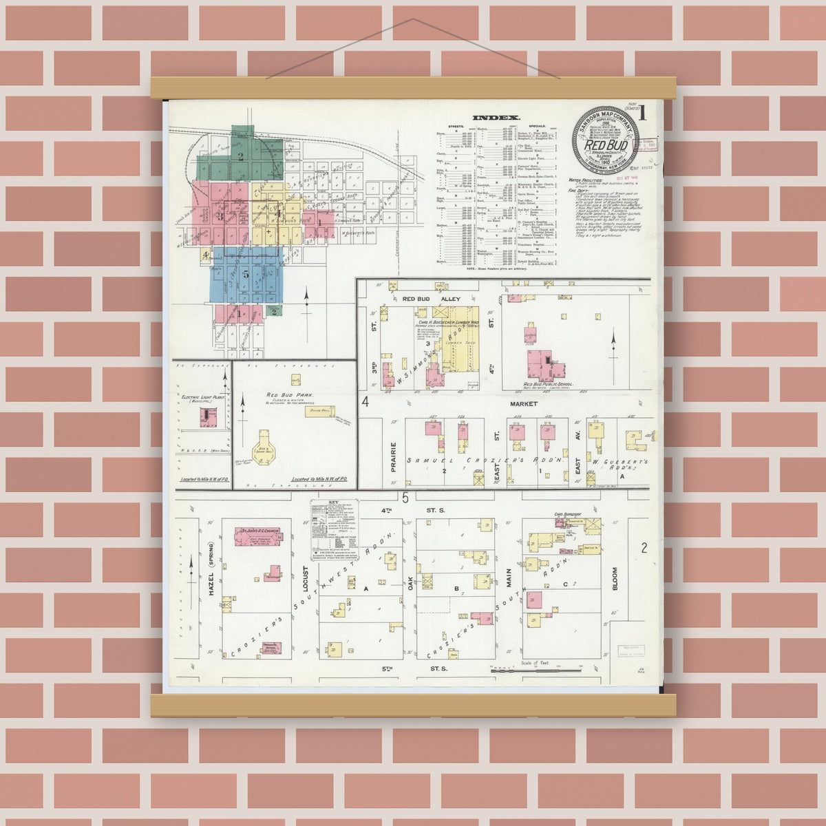 Old map wall art mockup — magnetic wood frame on brick wall — Sanborn Fire Insurance Map from Red Bud, Randolph County, Illinois (1910), Sheet #0001
