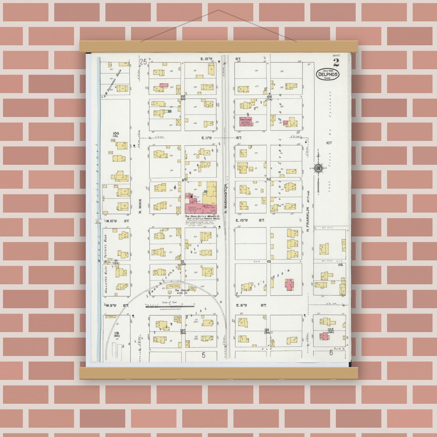 Old map wall art mockup — magnetic wood frame on brick wall — Sanborn Fire Insurance Map from Delphos, Van Wert And Allen Counties, Ohio (1921), Sheet #0002