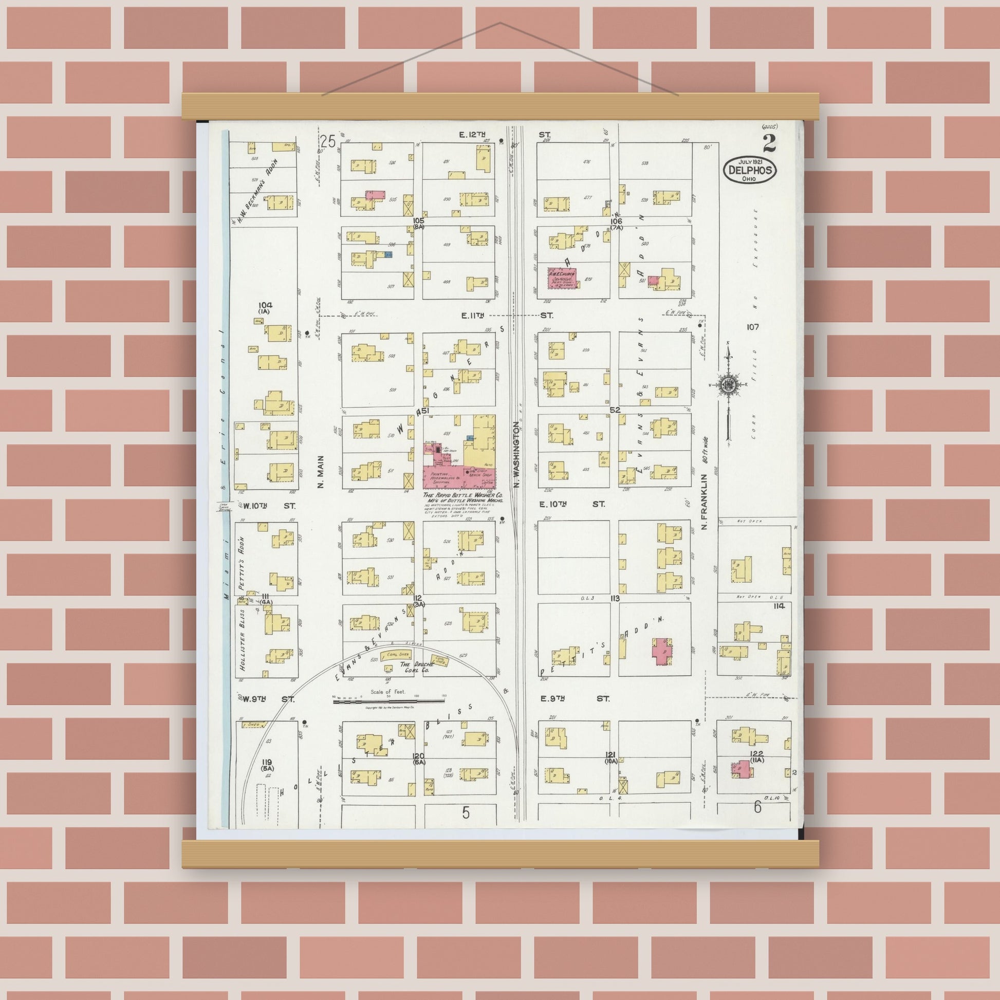 Old map wall art mockup — magnetic wood frame on brick wall — Sanborn Fire Insurance Map from Delphos, Van Wert And Allen Counties, Ohio (1921), Sheet #0002