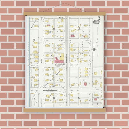 Old map wall art mockup — magnetic wood frame on brick wall — Sanborn Fire Insurance Map from Delphos, Van Wert And Allen Counties, Ohio (1921), Sheet #0002