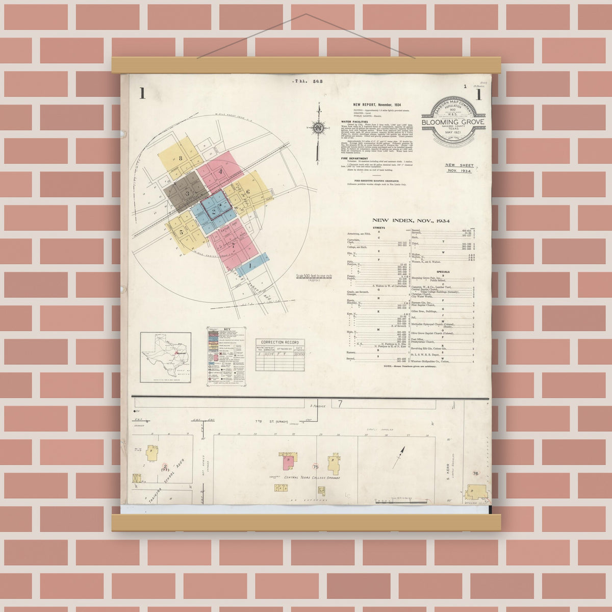 Old map wall art mockup — magnetic wood frame on brick wall — Sanborn Fire Insurance Map from Blooming Grove, Navarro County, Texas (1934) - Complete Map Set