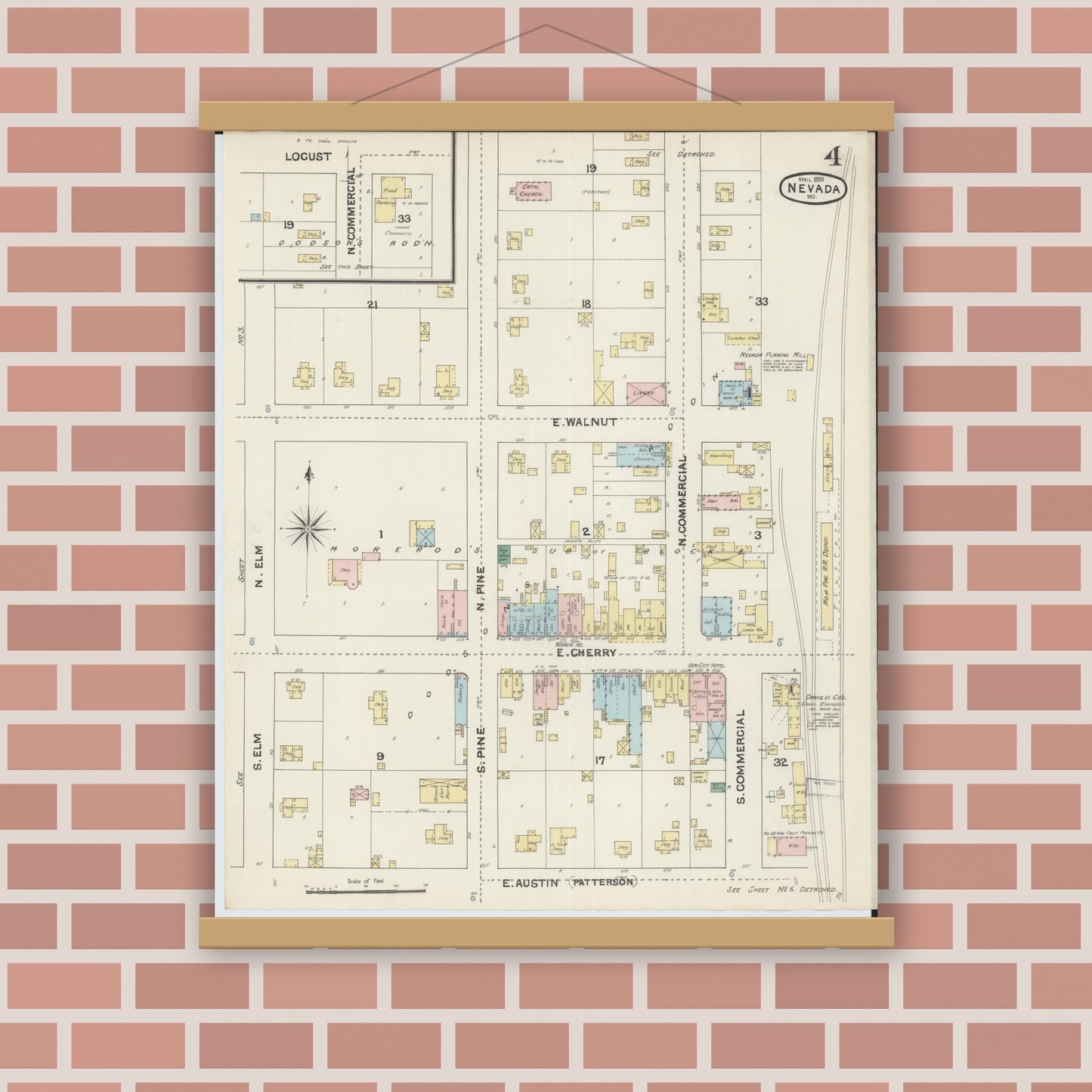 Old map wall art mockup — magnetic wood frame on brick wall — Sanborn Fire Insurance Map from Nevada, Vernon County, Missouri (1890), Sheet #0004