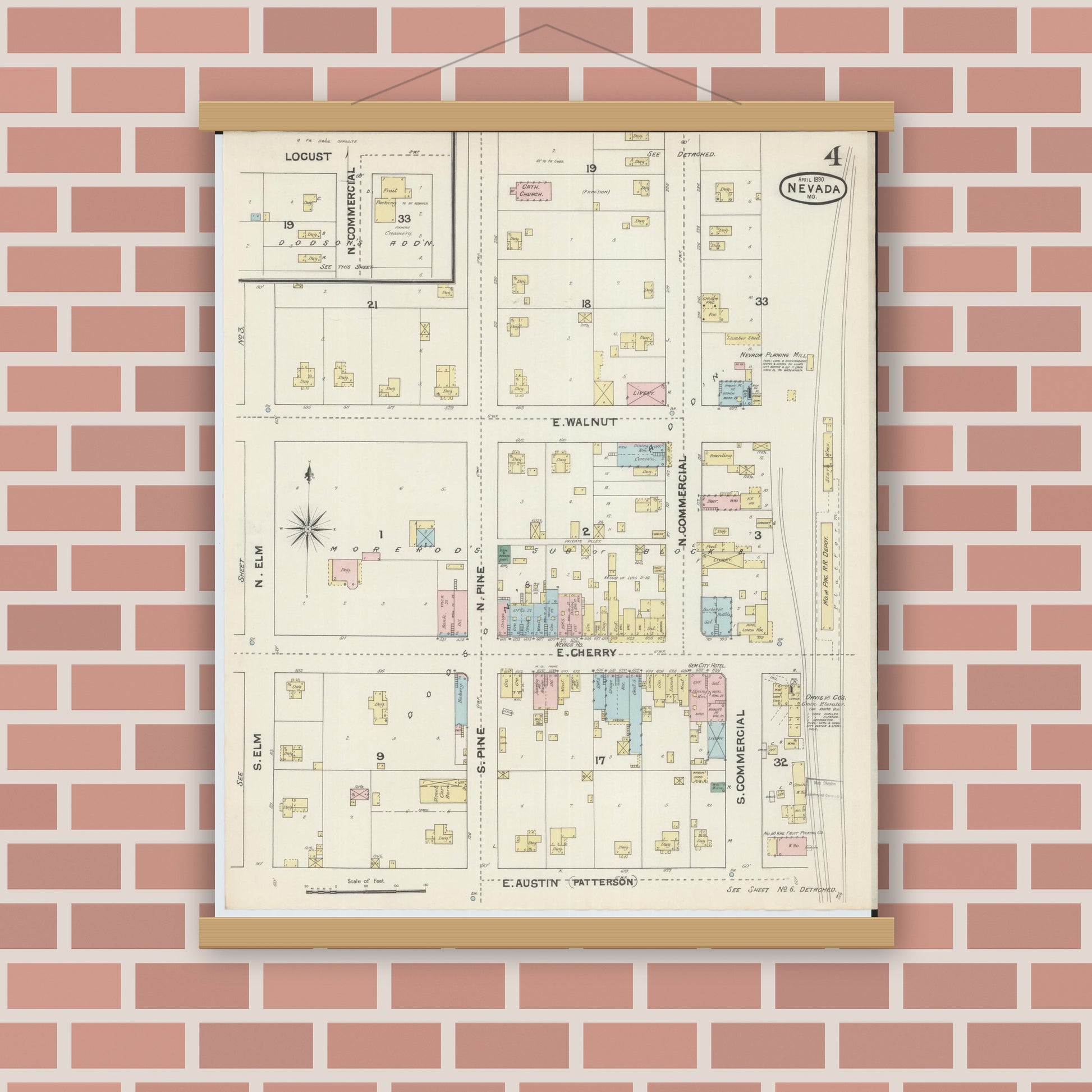 Old map wall art mockup — magnetic wood frame on brick wall — Sanborn Fire Insurance Map from Nevada, Vernon County, Missouri (1890), Sheet #0004