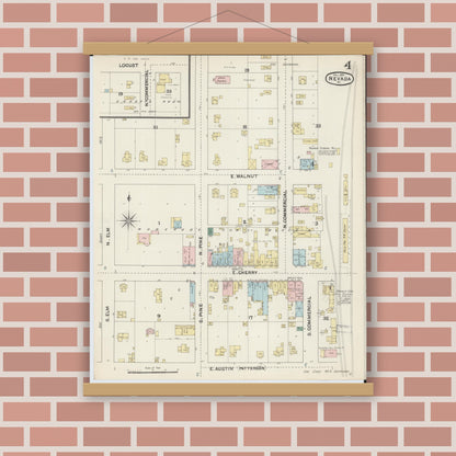 Old map wall art mockup — magnetic wood frame on brick wall — Sanborn Fire Insurance Map from Nevada, Vernon County, Missouri (1890), Sheet #0004