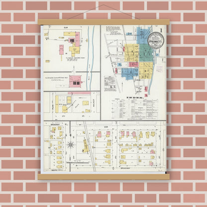 Old map wall art mockup — magnetic wood frame on brick wall — Sanborn Fire Insurance Map from Tipp City, Miami County, Ohio (1905), Sheet #0001